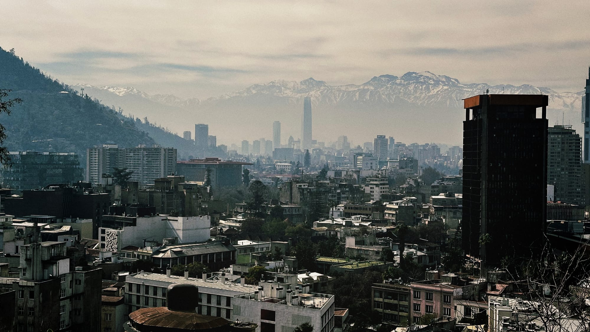 A view of Santiago, Chile, against the Andes mountains in August, 2023